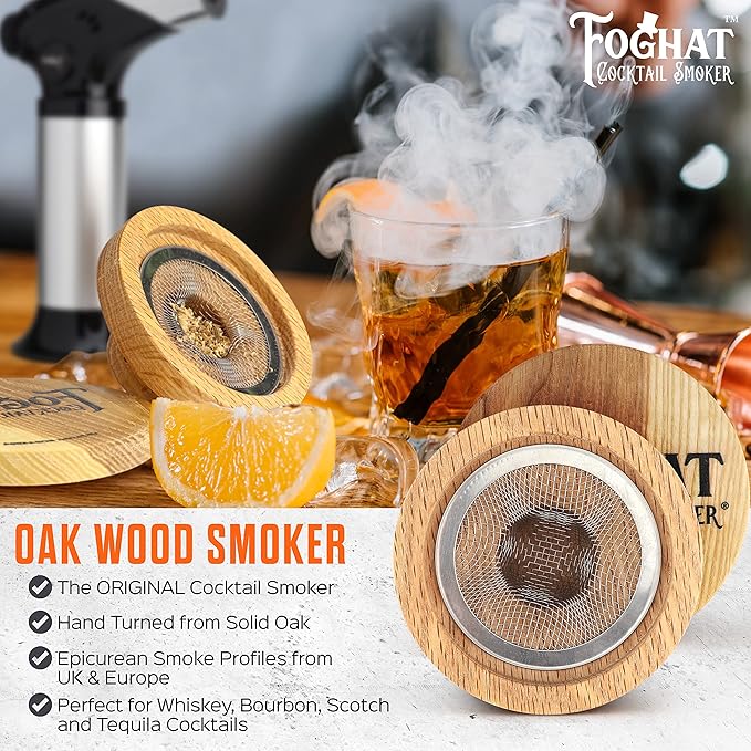 Foghat Cocktail Smoking Kit - Bourbon Barrel Oak Fuel Wood Shavings & Smoking Torch & Butane | Infuse Cocktails, Whiskey, Cheese & Meats