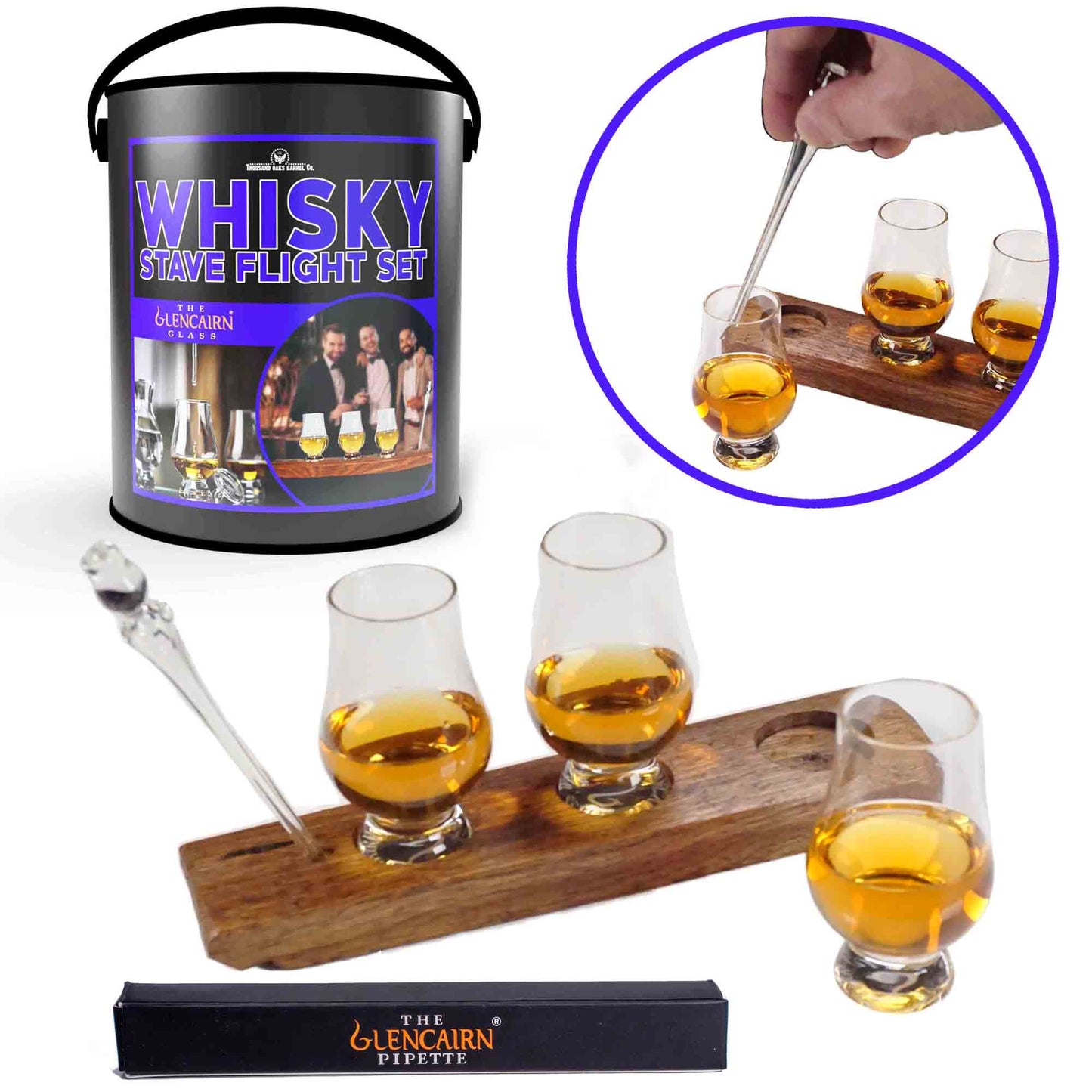 Whisky Stave Flight Set with Wee Glencairn Glasses