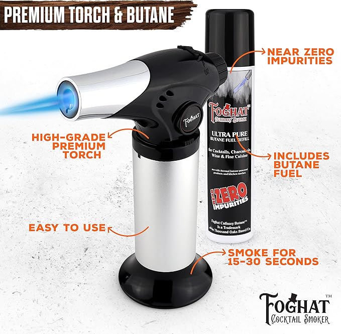Foghat Cocktail Smoking Kit - Bourbon Barrel Oak Fuel Wood Shavings & Smoking Torch & Butane | Infuse Cocktails, Whiskey, Cheese & Meats