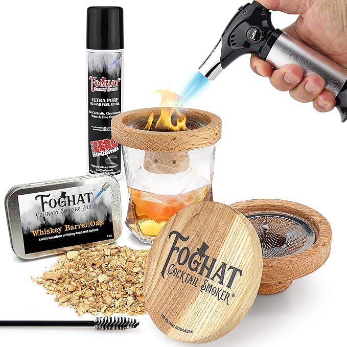 Foghat Cocktail Smoking Kit - Bourbon Barrel Oak Fuel Wood Shavings & Smoking Torch & Butane | Infuse Cocktails, Whiskey, Cheese & Meats